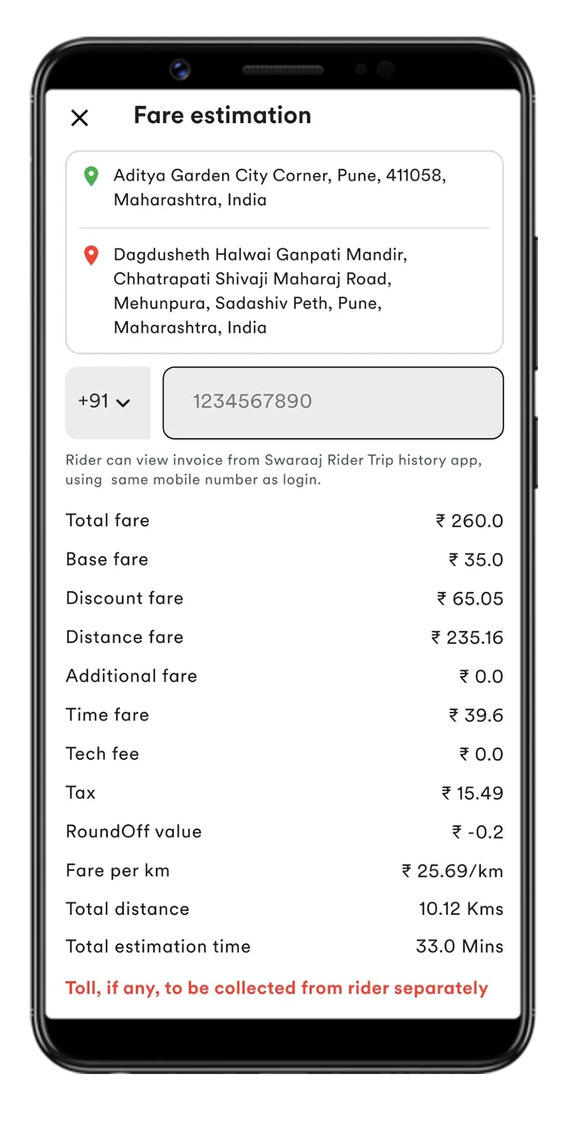 Swaraaj Fare Estimation Details