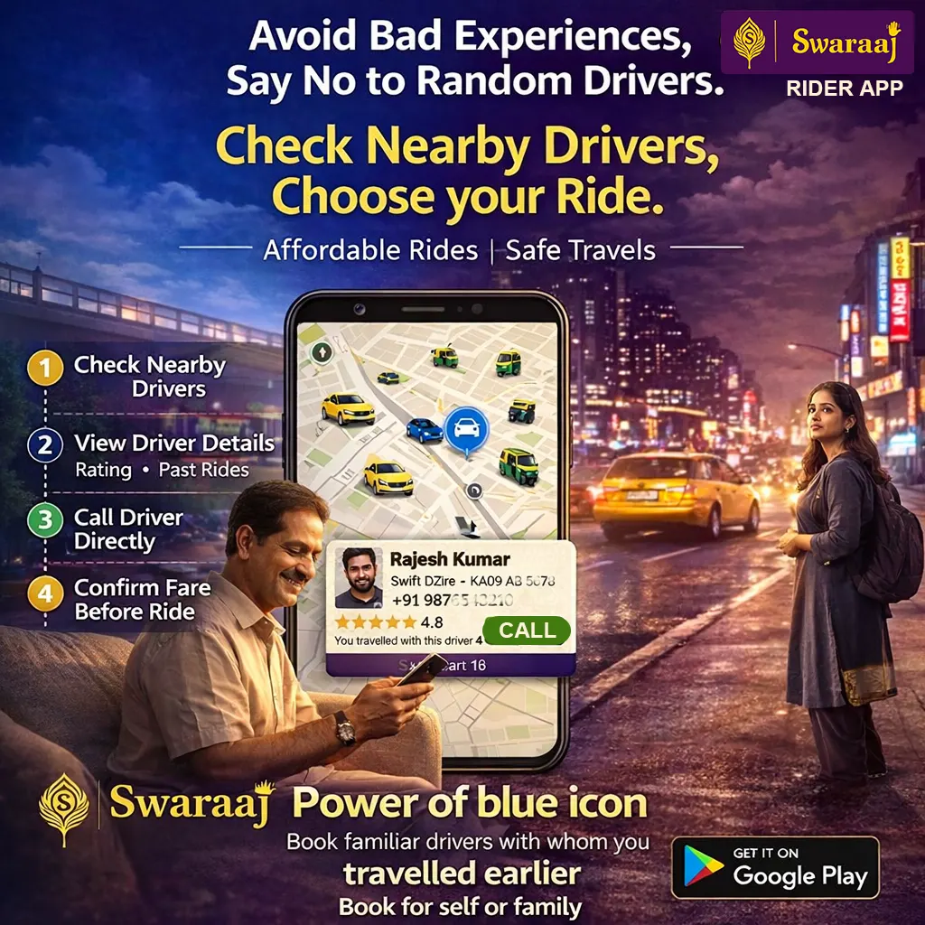 Swaraaj Rider App — Avoid Bad Experiences, Say No to Random Drivers. Check Nearby Drivers, Choose Your Ride.