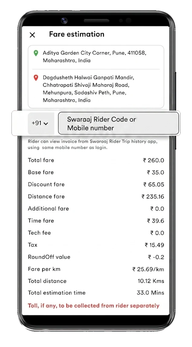 Swaraaj Fare Estimate and Rider Code Screen